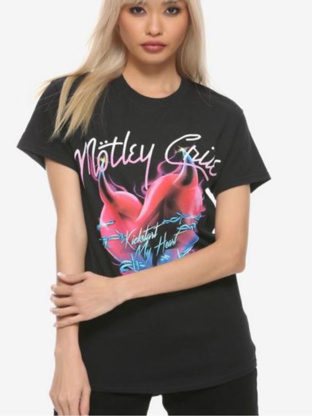 MOTLEY CRUE KICKSTART MY HEART 100% COTTON BLACK WITH GRAPHIC TEE SHIRT SZ MD